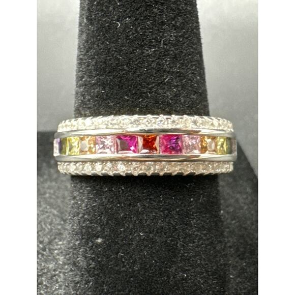 New Condition Sterling Silver Multi Color CZ Row Band Ring 925 Size 7 - Picture 1 of 5